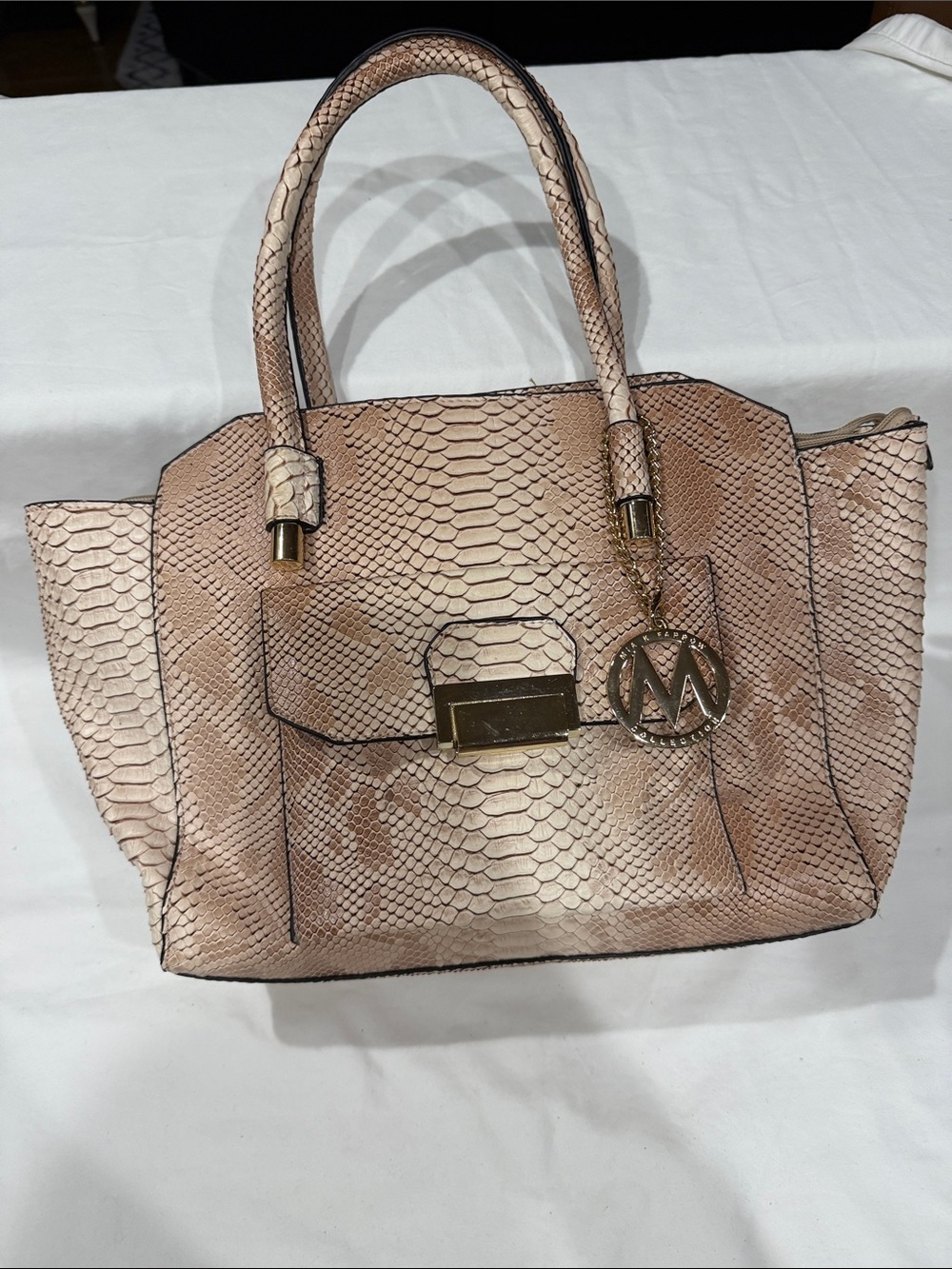 Mia k Farrow collection Pink Snake-Embossed Satchel with Gold Hardware